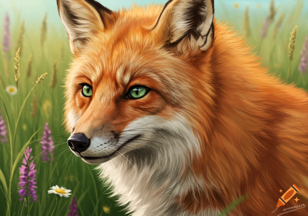 Close-up digital painting of a red fox with vibrant green eyes looking left, surrounded by green grass and purple and white wildflowers.