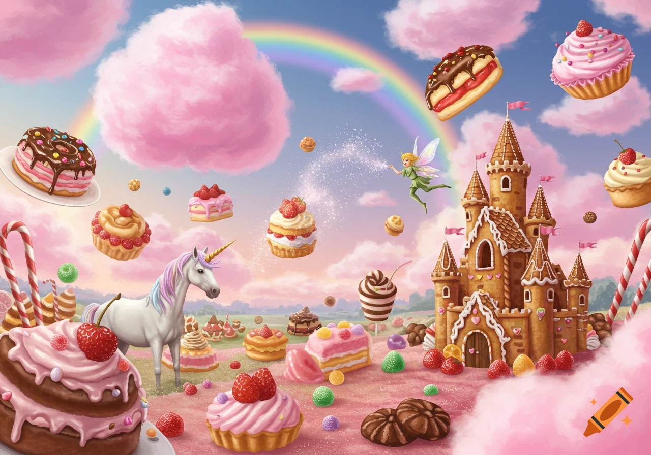 A vibrant, whimsical candy land with a gingerbread castle, flying fairy, unicorn, and floating desserts under a rainbow.