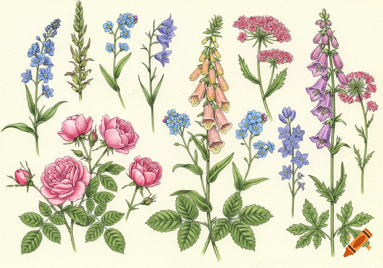 A detailed color pencil drawing depicting various English botanicals and wildflowers, including pink roses, orange foxgloves, blue forget-me-nots, and purple bellflowers on a light background.