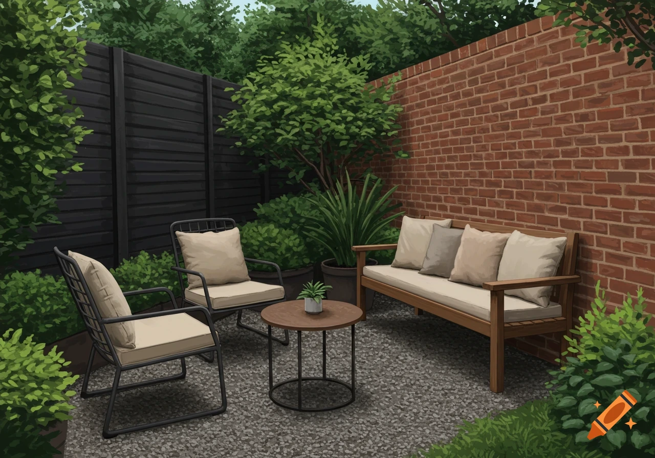An illustrated cozy backyard patio with a wooden bench, two metal armchairs, and a round table on a gravel ground, surrounded by lush green plants and fences.