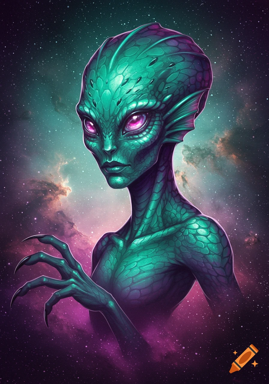 A detailed illustration of a green alien with pink eyes and clawed hands against a starry purple and teal nebula background.