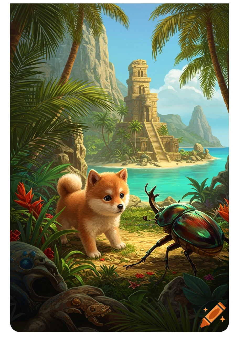 A cute Shiba Inu puppy and a large iridescent beetle stand on a path in a tropical jungle with an ancient temple and ocean.