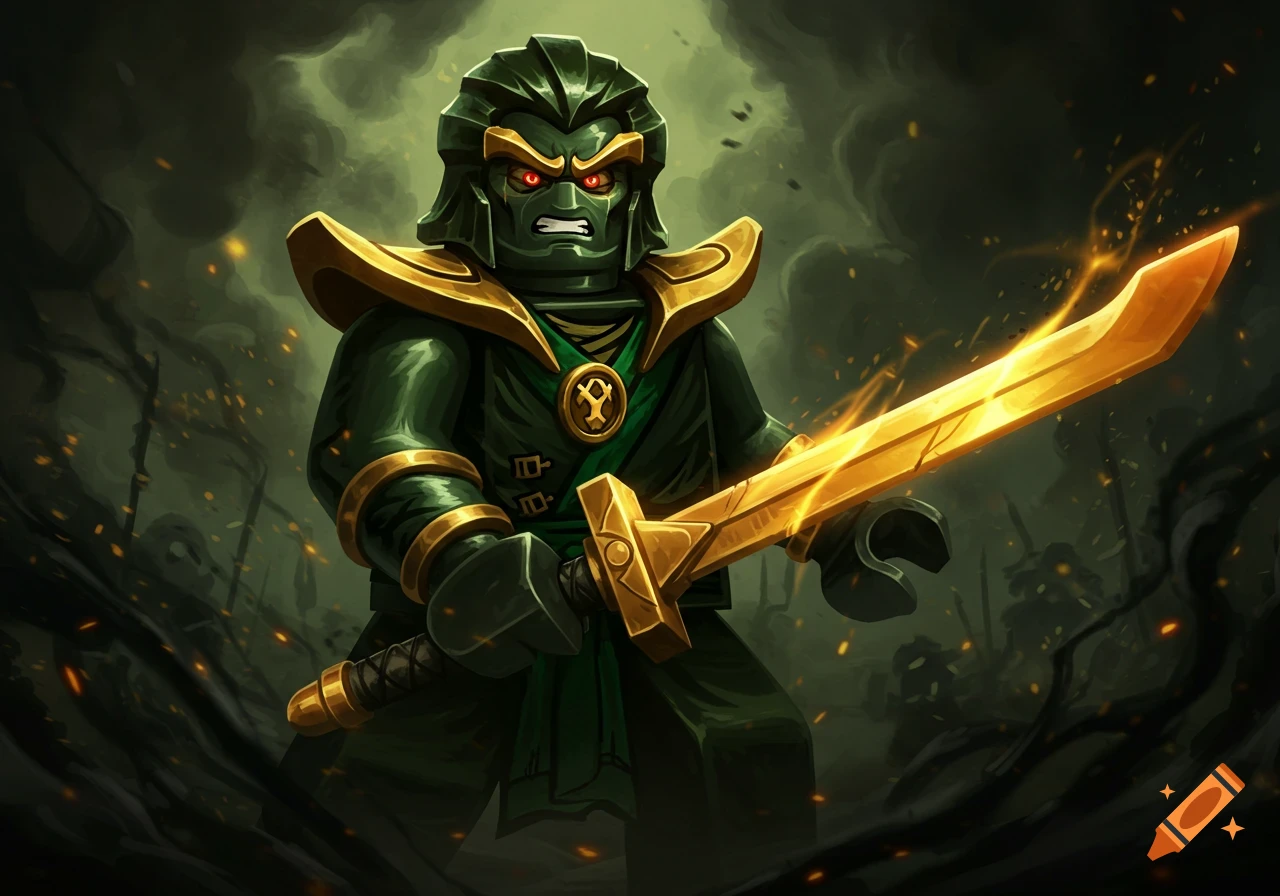A menacing green Lego Lord Garmadon with glowing red eyes, holding a golden sword, against a dark, smoky background.