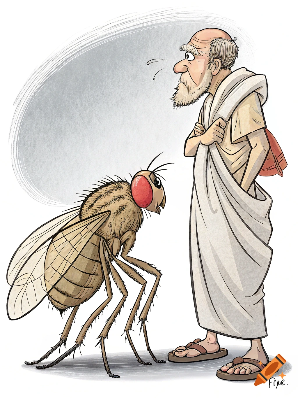A cartoon fruit fly with red eyes converses with a cartoon Greek philosopher resembling Plato.