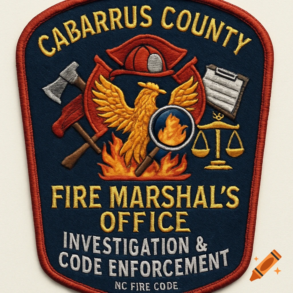 Embroidered shield-shaped patch for Cabarrus County Fire Marshal's Office with an eagle, magnifying glass over fire, scales of justice, axe, and helmet.