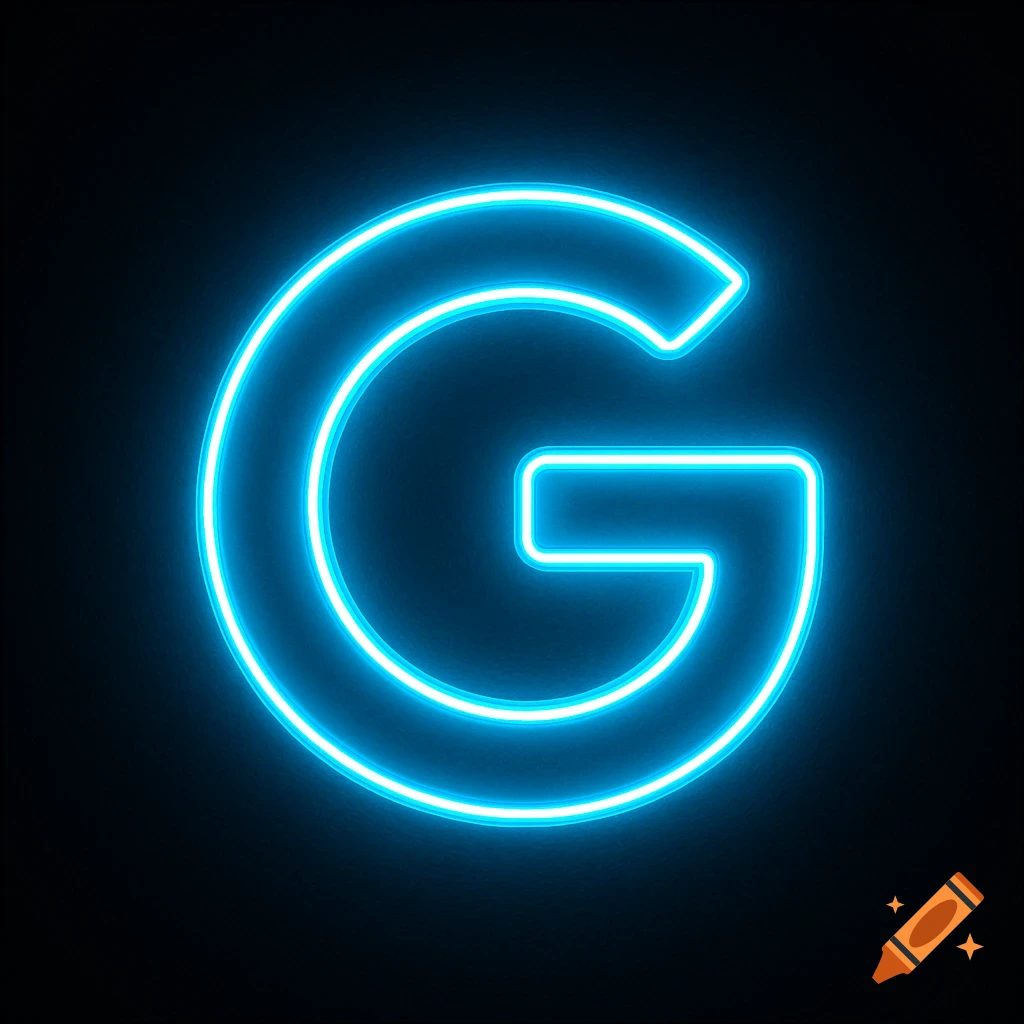 A bold, bright blue neon outline of the letter G glowing against a dark background.