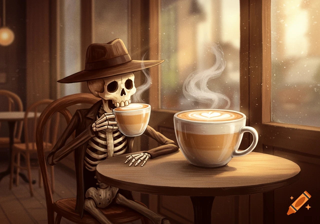 A skeletal figure wearing a fedora sits at a cafe table, drinking a steaming cup of coffee with another latte on the table.