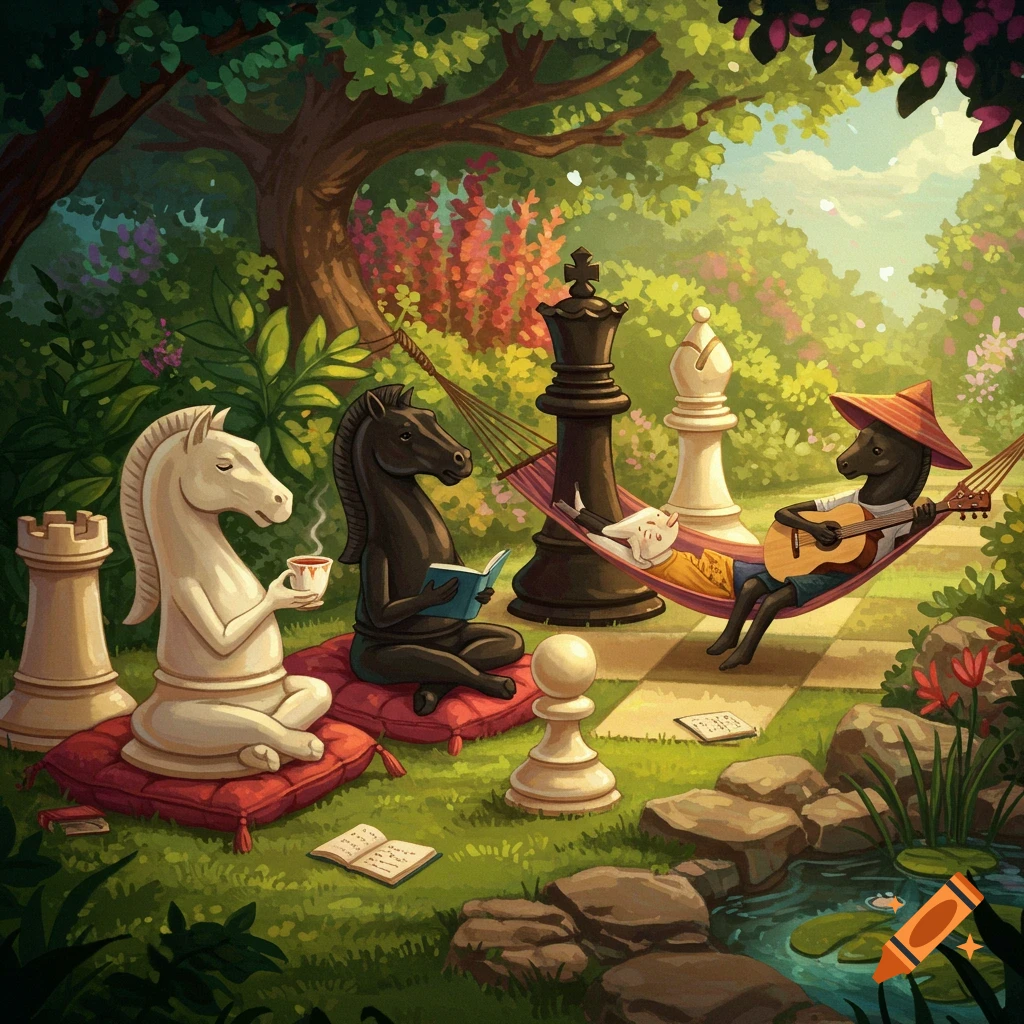 Anthropomorphic chess pieces relax in a vibrant, lush garden. A white knight sips tea, a black knight reads, and another black knight plays guitar in a hammock. Illustrated style.