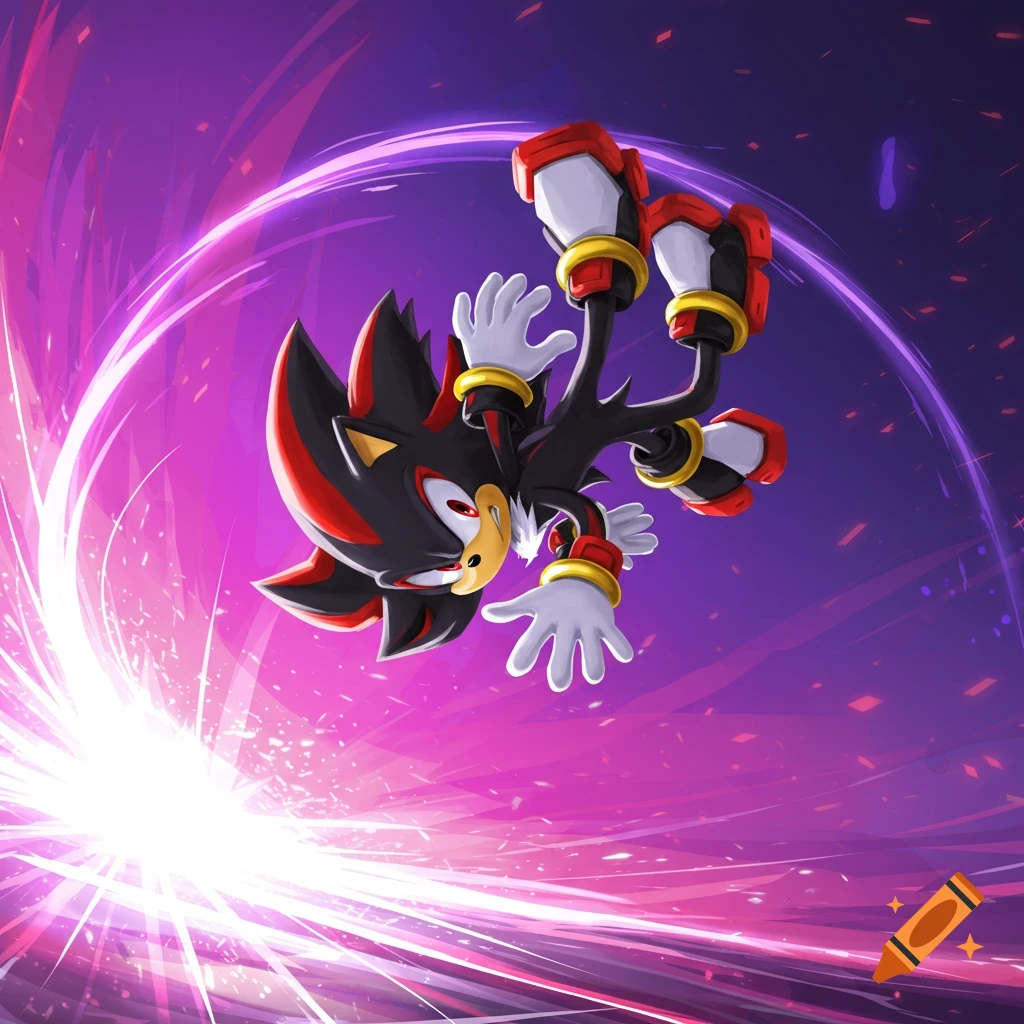 Shadow the Hedgehog mid-backflip surrounded by vibrant purple energy and light streaks.