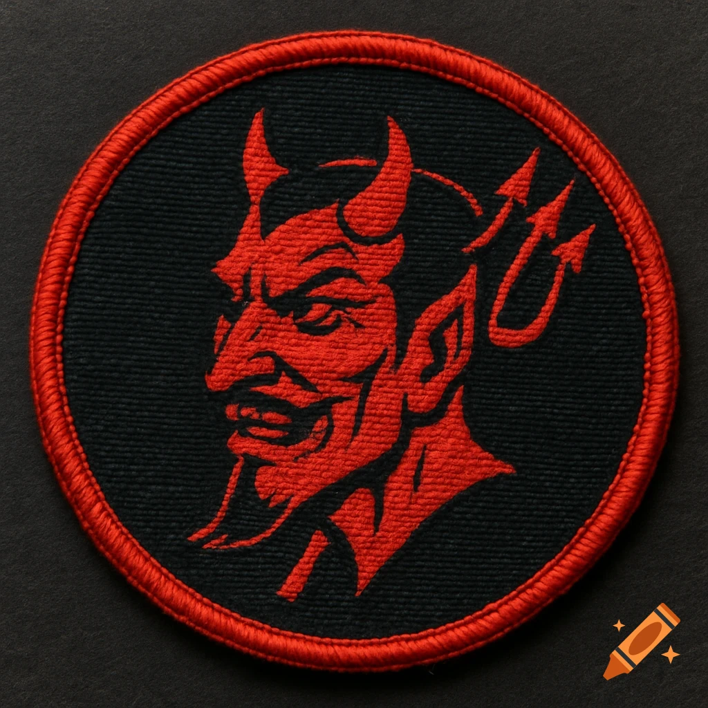 A round embroidered patch features a red devil logo with horns and a pitchfork on a black background.