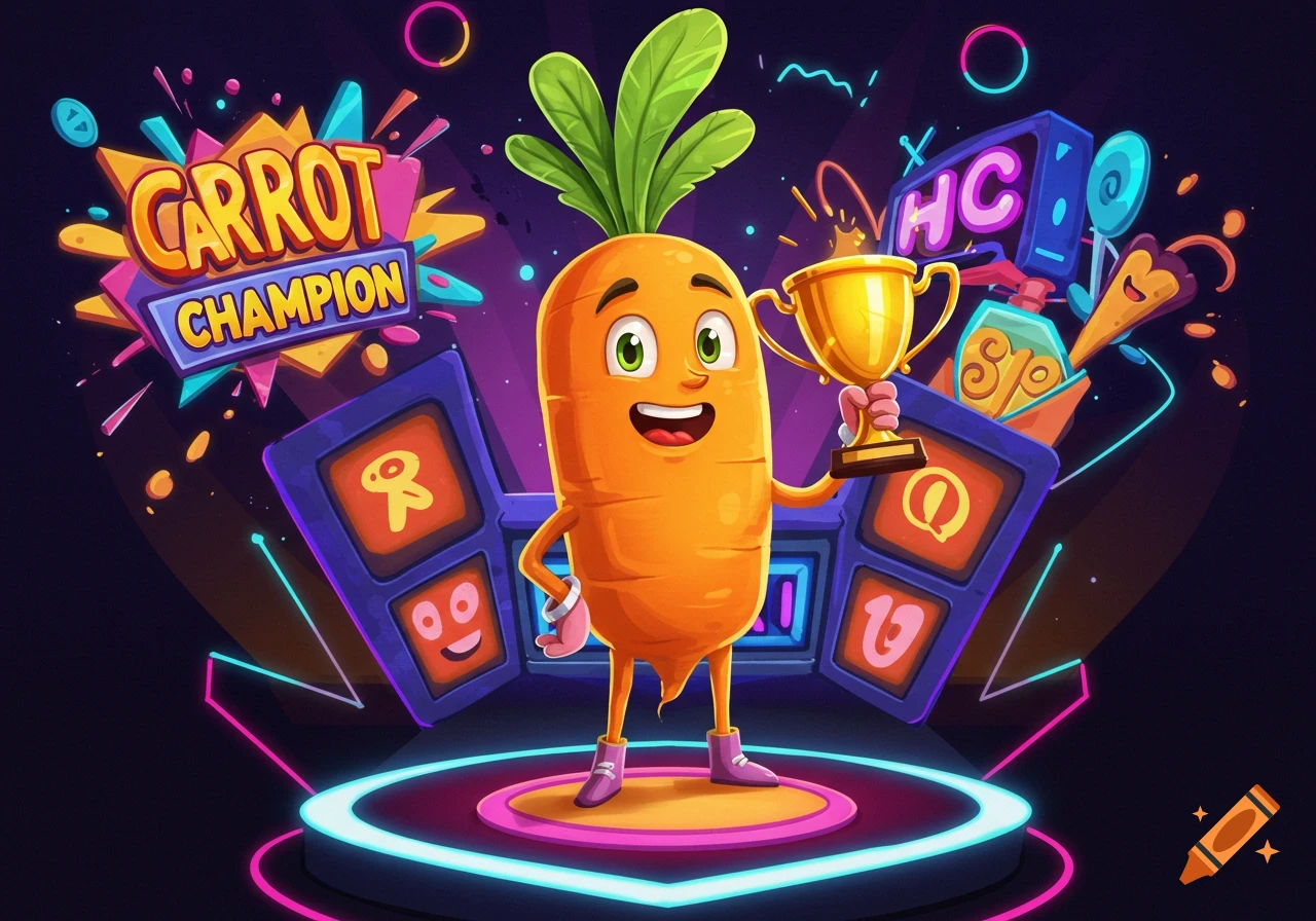 A happy, cartoon carrot character stands on a neon-lit stage, holding a golden trophy. A colorful sign in the background reads 'CARROT CHAMPION'.