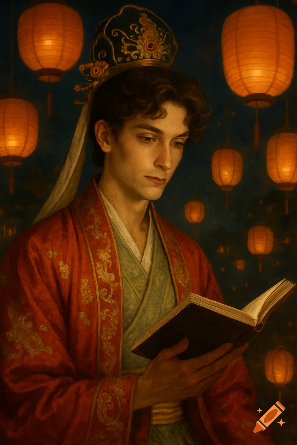 A young man in traditional Chinese robes and a crown reads a book, surrounded by glowing paper lanterns at night.