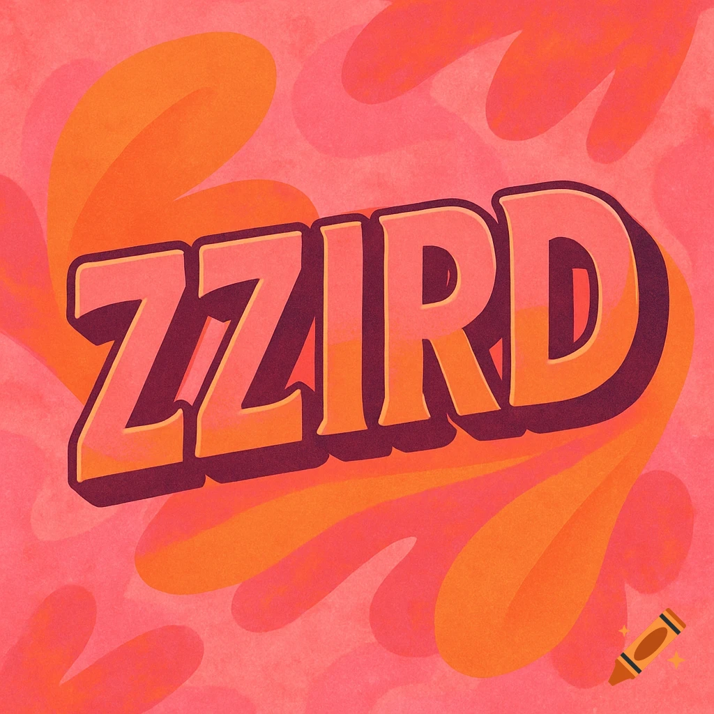 A cool graphic design featuring the word 'ZZIRD' in bold, stylized letters with a subtle shadow, set against a pink background with orange and pink wavy shapes.