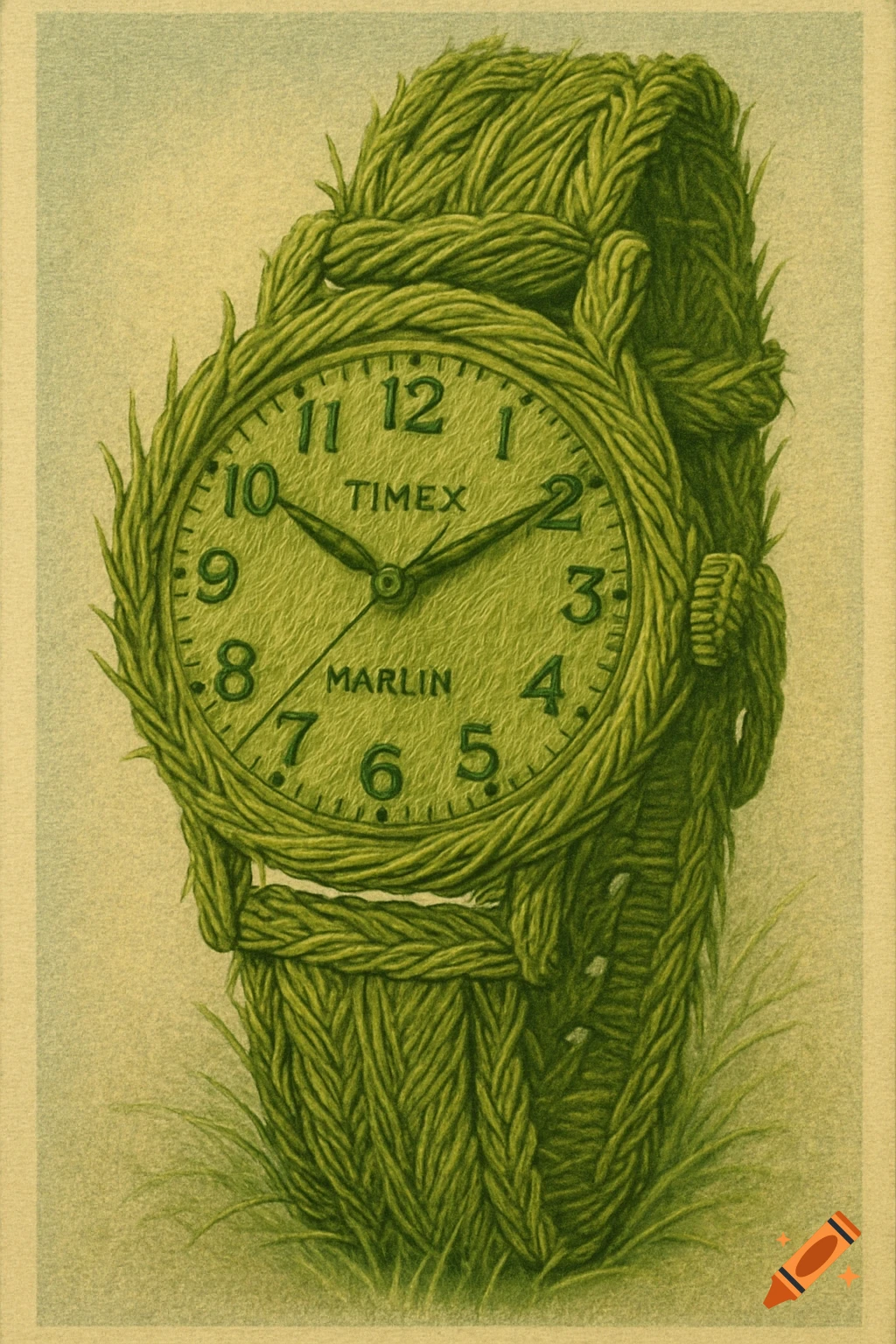 A vintage style illustration of a watch with its case and band made of intertwined green grass, on a light background.