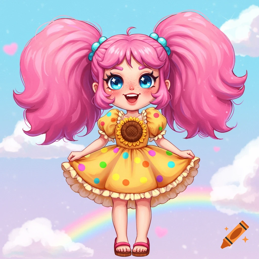 A cute cartoon girl with bright pink pigtails, blue eyes, and a yellow polka-dot dress with a sunflower detail stands under a rainbow.