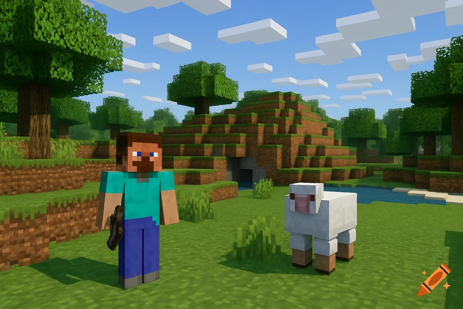 Steve and a sheep stand in a vibrant, blocky Minecraft landscape under a blue sky with clouds.