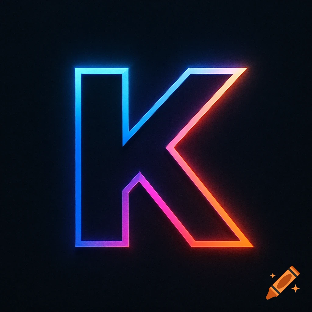 A neon glowing letter K in shades of blue, pink, and orange against a dark background.