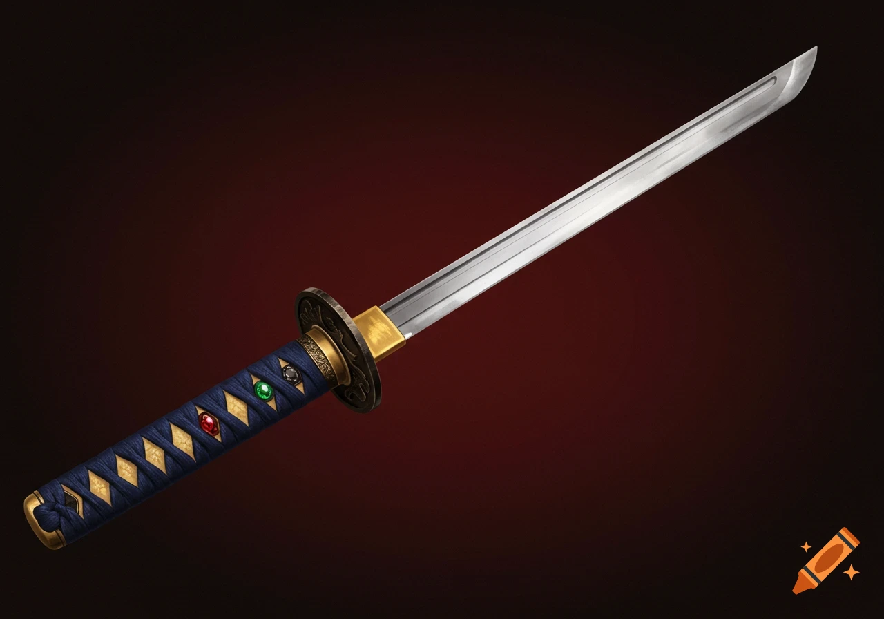 A detailed, photorealistic katana with a navy blue handle wrapped in silk, adorned with colorful gems and gold accents, against a dark red background.