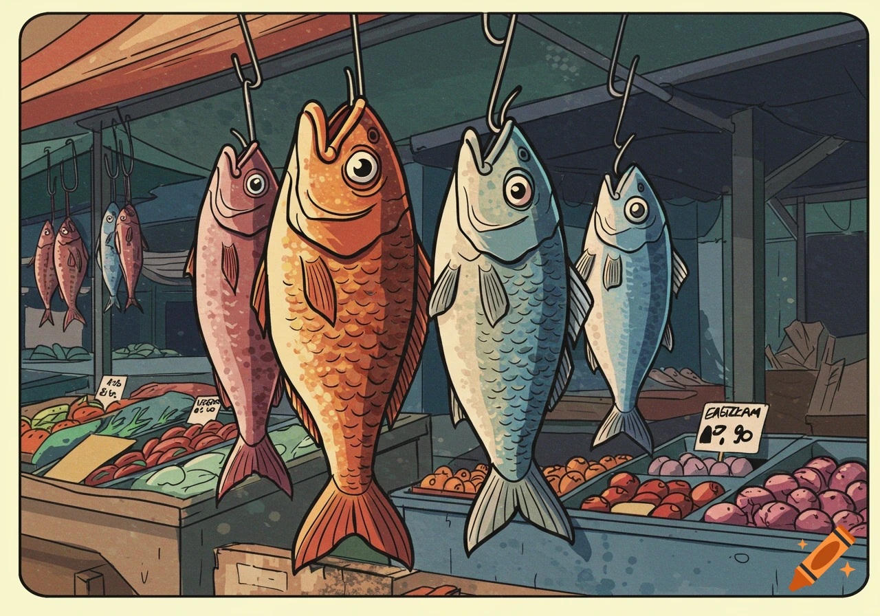 Comic book illustration of four colorful fish hanging at a bustling market stall.