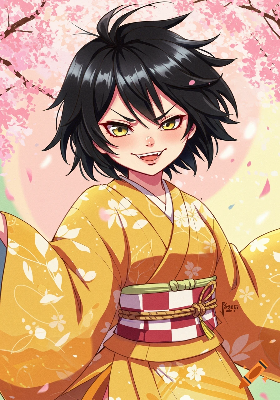 An anime girl with short messy black hair, golden eyes, and a bratty expression, wearing a yellow and white kimono with cherry blossoms.