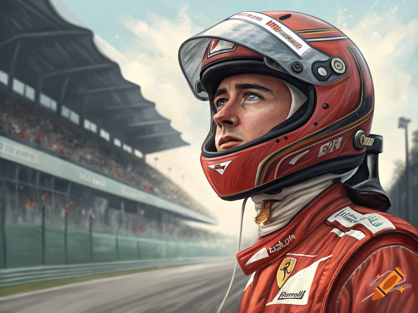 Close-up of a Formula 1 race car driver in a red helmet and suit, looking up at a racetrack with blurred stands in the background.