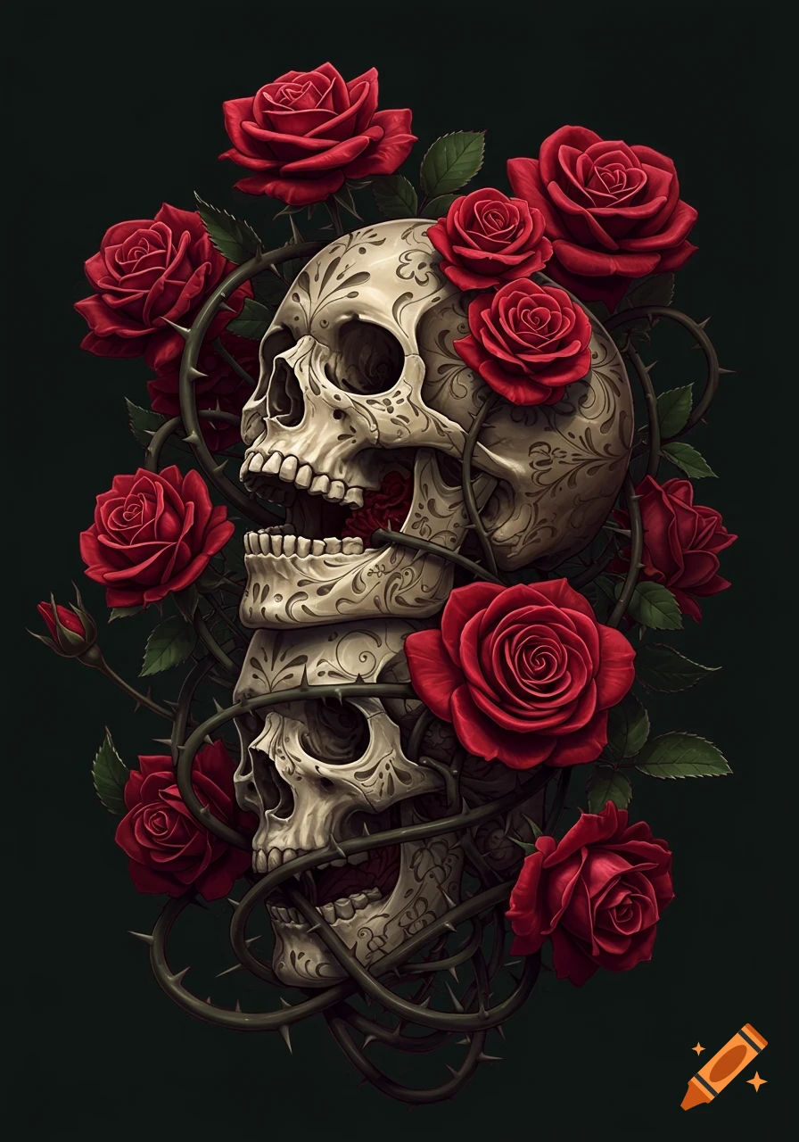 Two ornate skulls adorned with red roses and thorny vines on a dark background, in a detailed illustrative style.