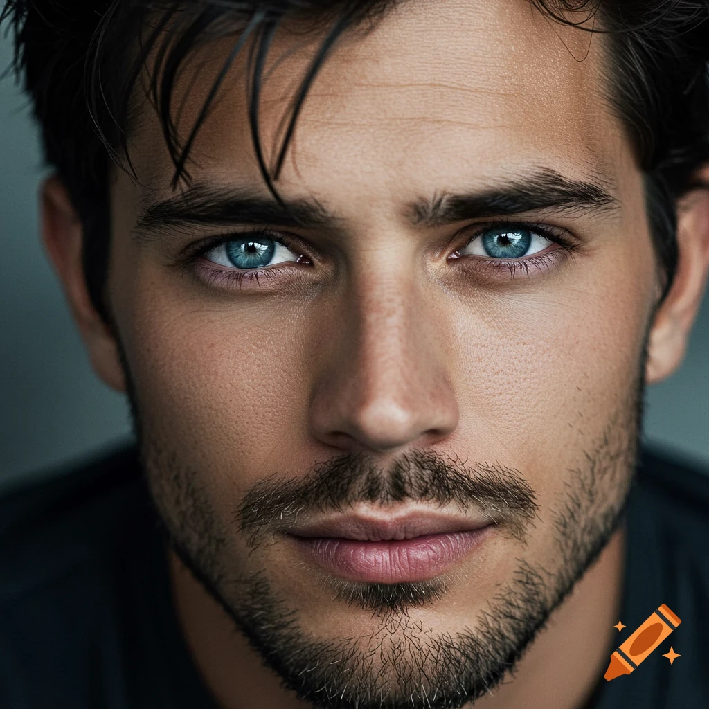 Close-up photorealistic portrait of a man with dark hair, a beard, and striking blue eyes.