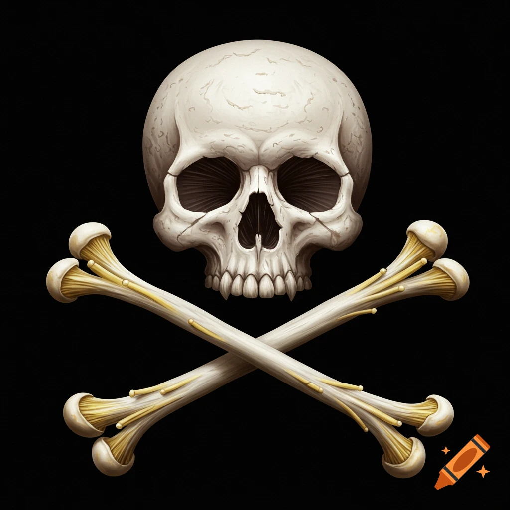 A stylized skull made from a mushroom and crossbones from enoki mushrooms on a black background.