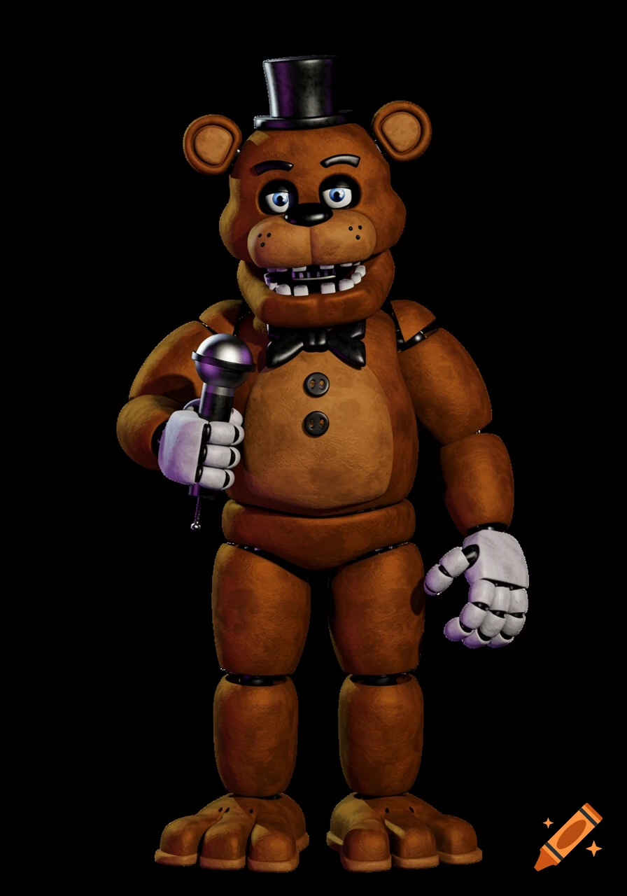 A photorealistic rendering of the Freddy Fazbear animatronic, brown with a top hat, bow tie, and holding a silver microphone.
