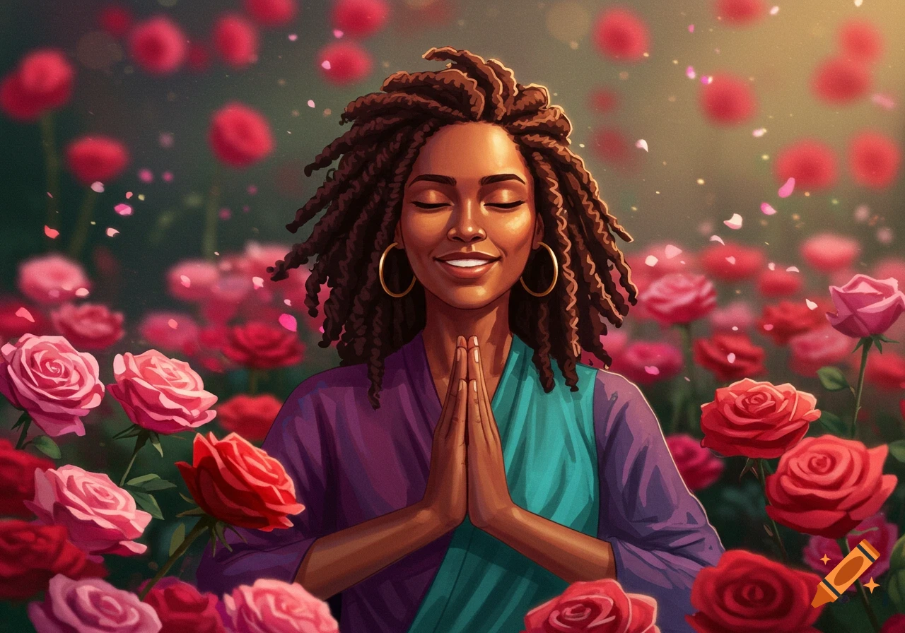 Digital painting of a Black woman with dreadlocks, eyes closed, smiling, doing a namaste pose in a vibrant field of pink and red roses.
