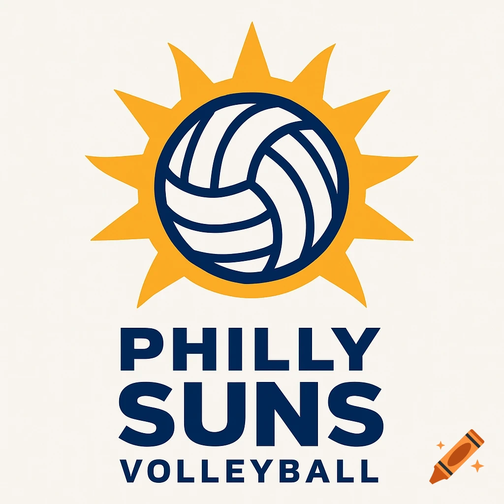 Logo for Philly Suns Volleyball, featuring a yellow sun with a blue and white volleyball.