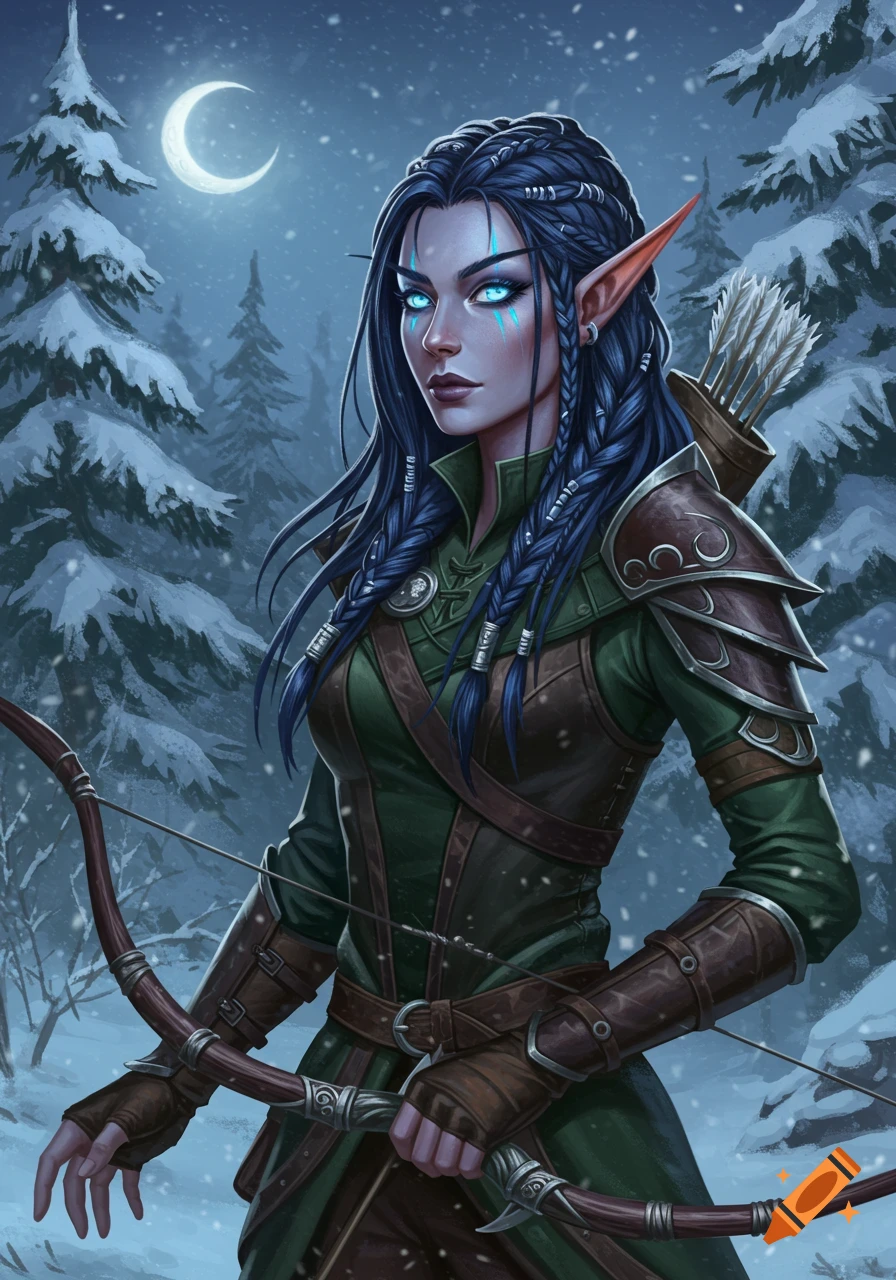A female elf hunter with dark blue hair and glowing blue eyes, holding a bow in a snowy forest under a crescent moon. Fantasy art style.