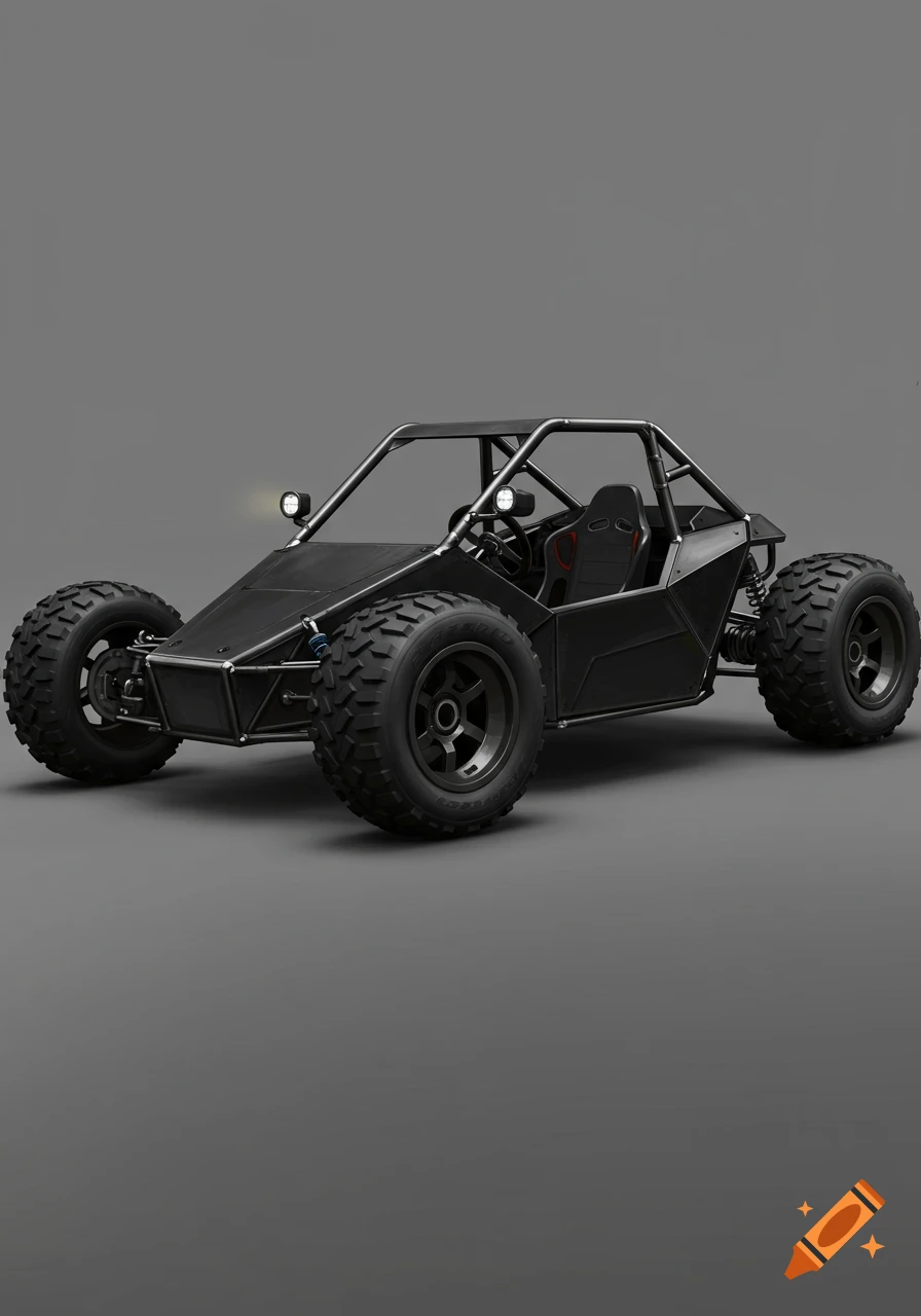 A black, rugged off-road go-kart with large knobby tires and a roll cage sits on a gray background.