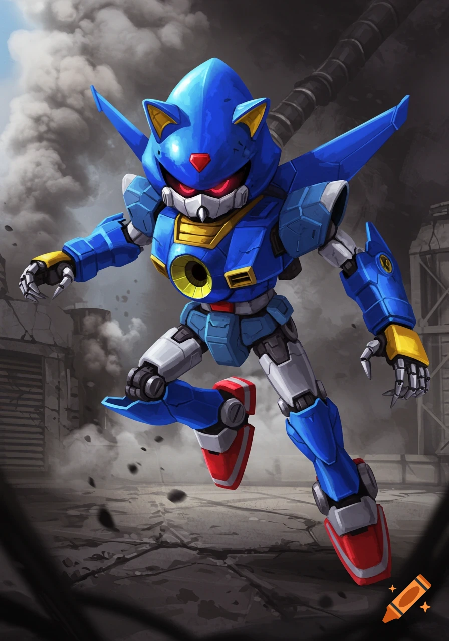 A blue robot with red eyes, combining elements of Metal Sonic and a Gundam mech, stands dynamically amidst smoke and debris.