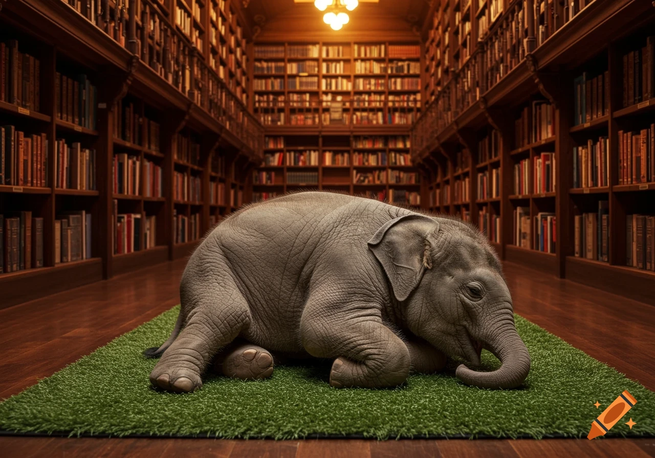 A photorealistic image of a baby elephant sleeping on a green rug in a grand library filled with bookshelves.
