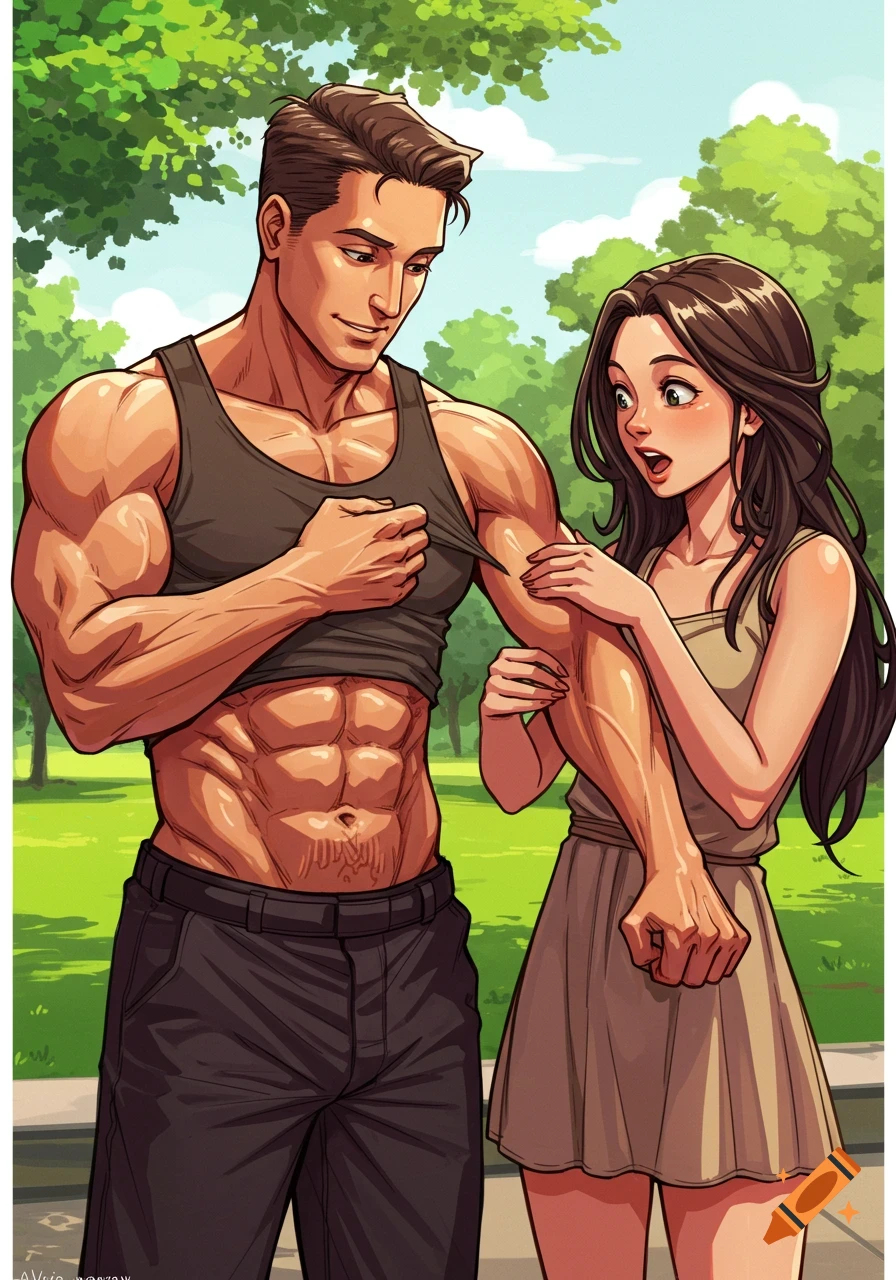 A muscular man in a tank top flexes his bicep for a surprised woman, revealing his abs, in a park.