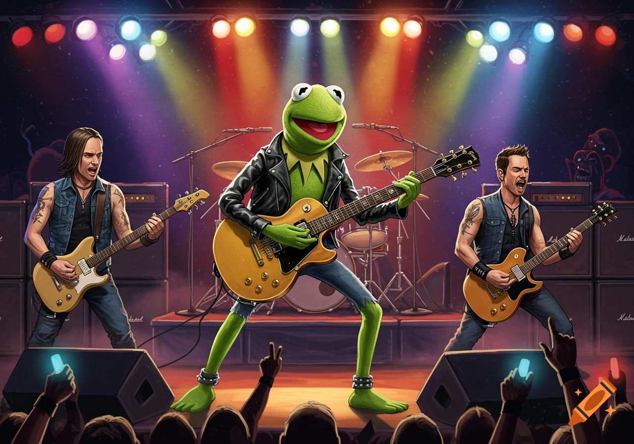 Kermit the Frog in a leather jacket playing guitar with two human rock band members on a vibrant concert stage.