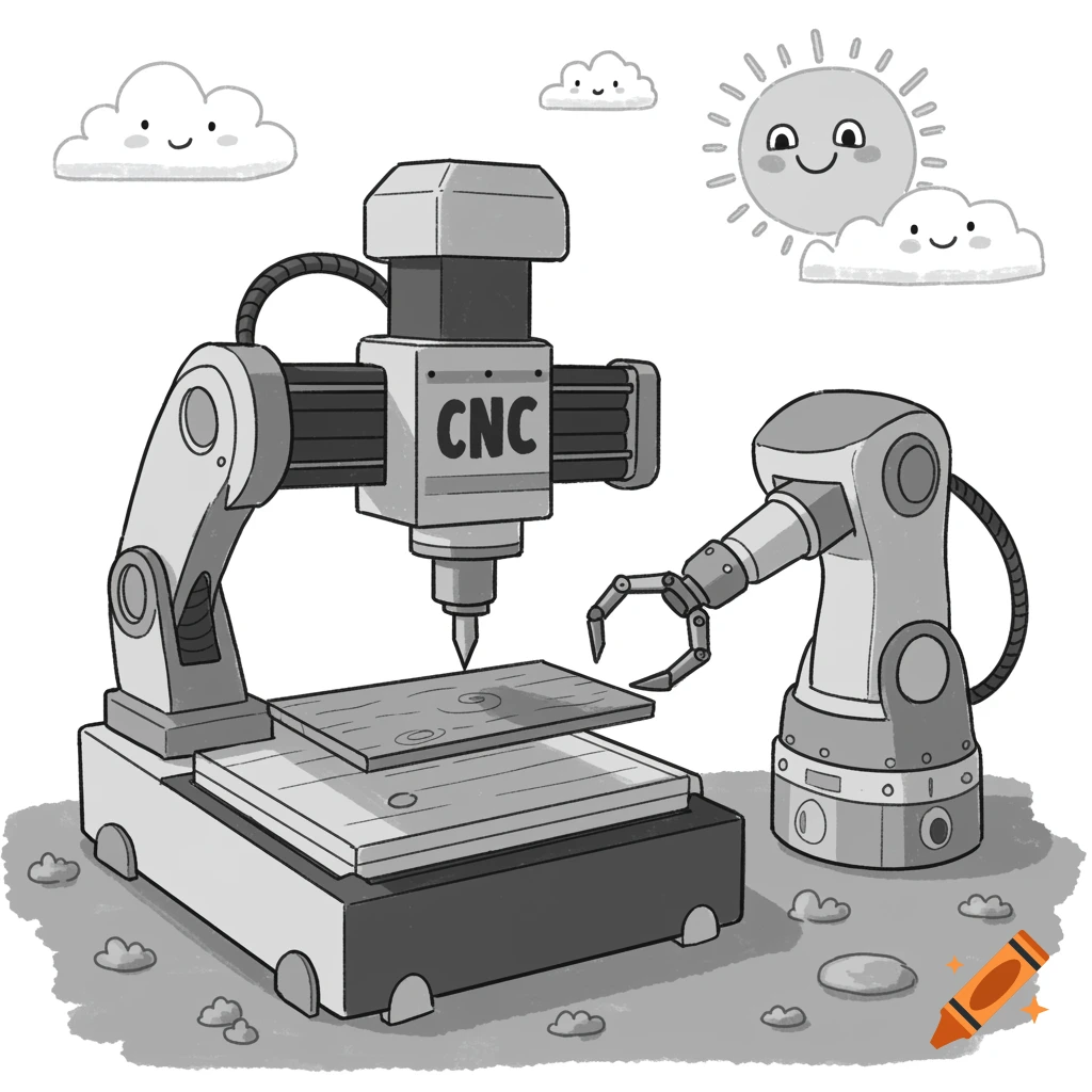 A black and white cartoon illustration of a CNC machine and a robotic arm with a happy sun and clouds.