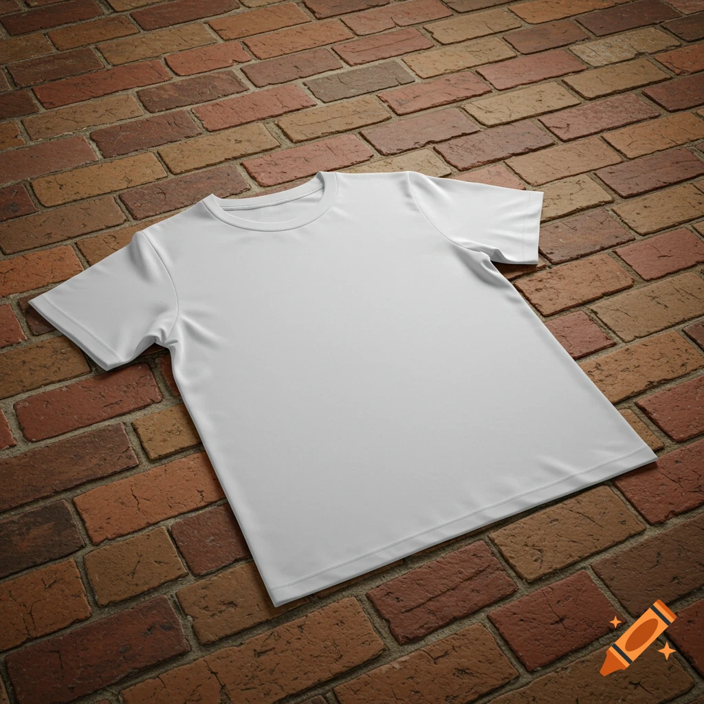 A blank white t-shirt lays flat on a red brick surface, viewed from above.
