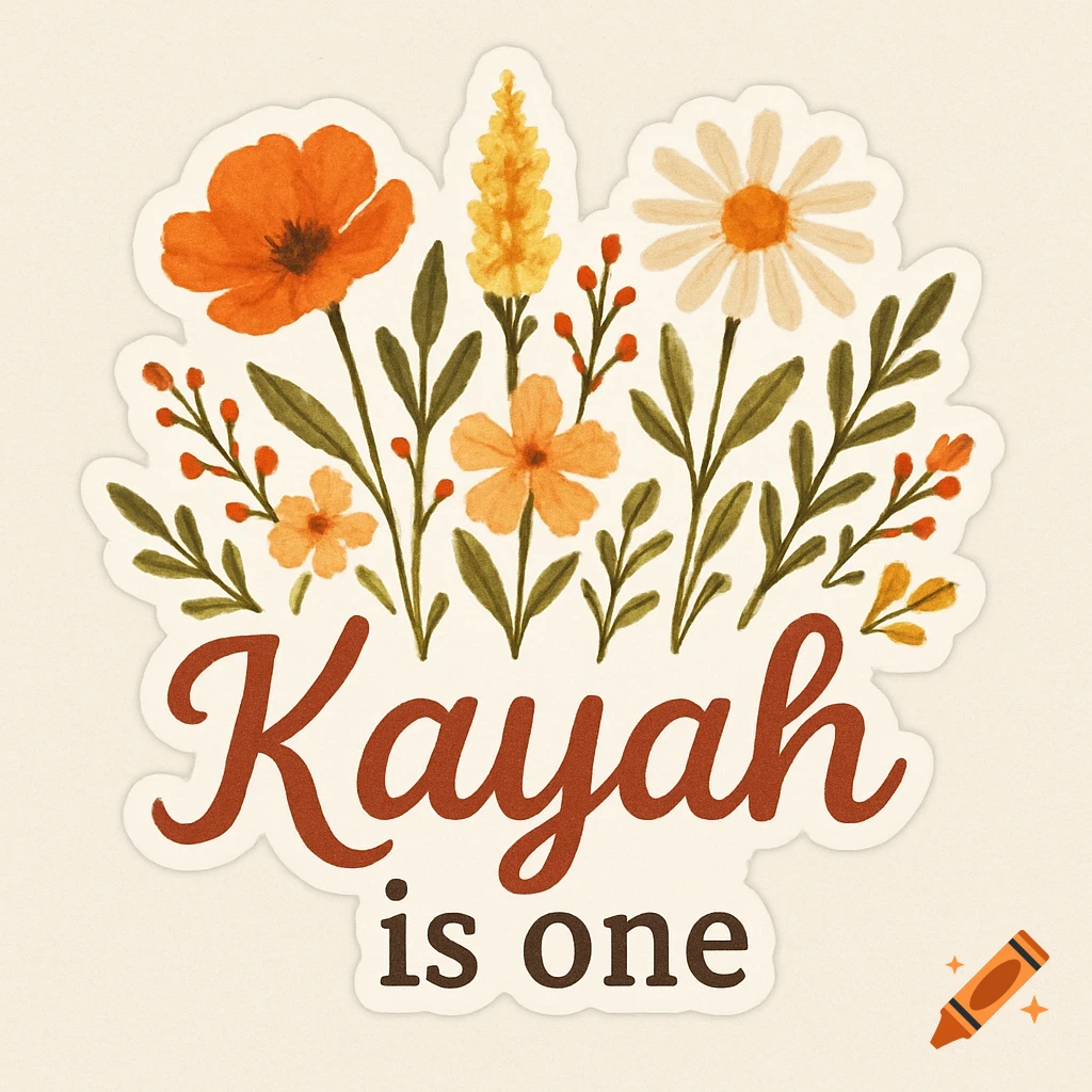 A sticker with a colorful wildflower arrangement and the text 'Kayah is one' in a rustic style.