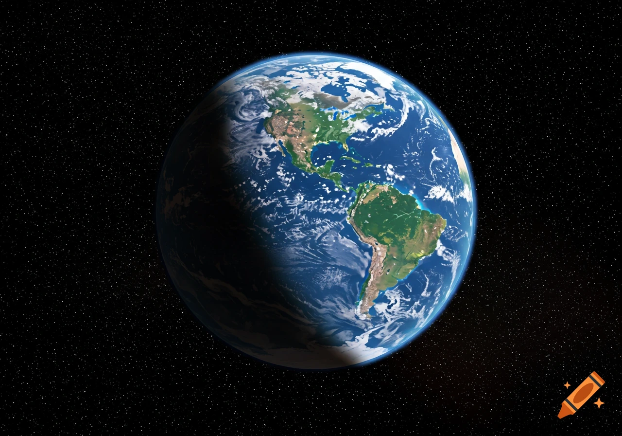 Planet Earth from space, showing North and South America, against a starry background.