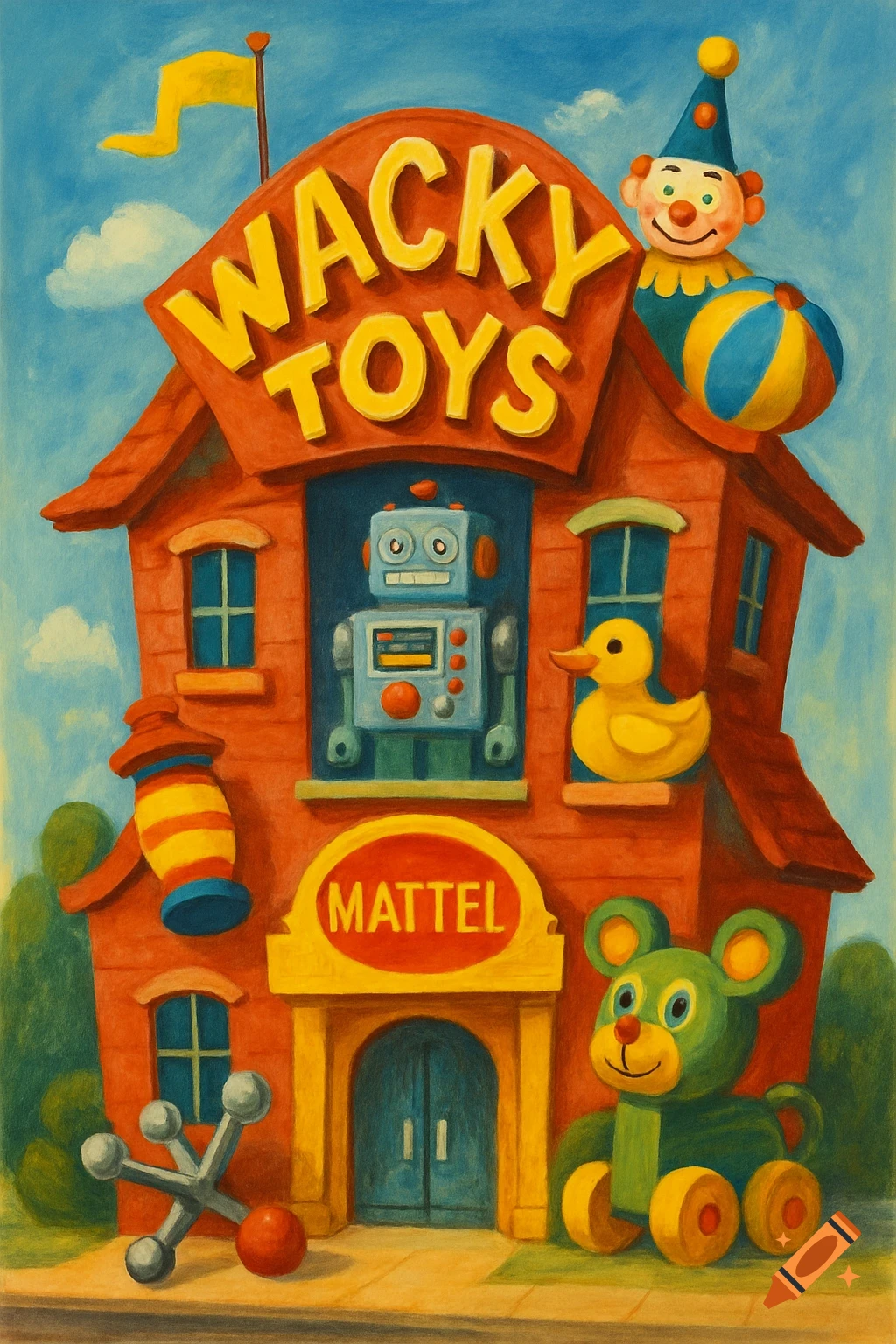 A colorful, whimsical illustration of a 'Wacky Toys' store with a clown, robot, duck, and teddy bear outside.