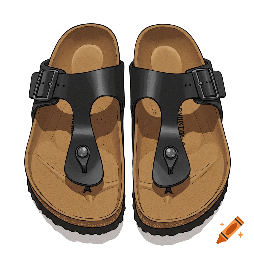 A top-down illustration of a pair of black Birkenstock Honolulu sandals with brown footbeds on a white background.