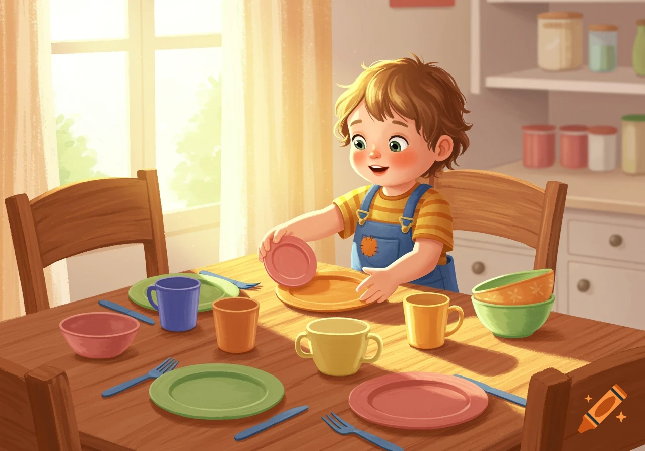 An illustration of a happy toddler in overalls setting colorful plates and cups on a wooden dining table.