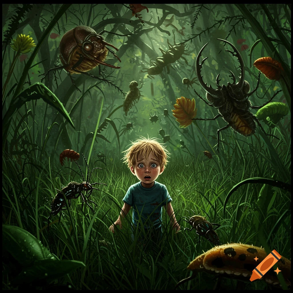 Scared young boy in tall grass surrounded by large, menacing insects in a dark, overgrown forest, digital art.