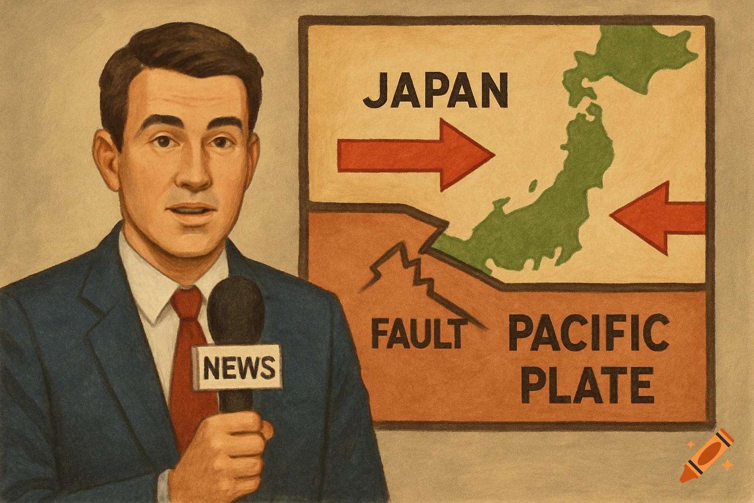 A news reporter holds a microphone in front of a diagram showing plate tectonics with Japan, Pacific Plate, and a fault line.