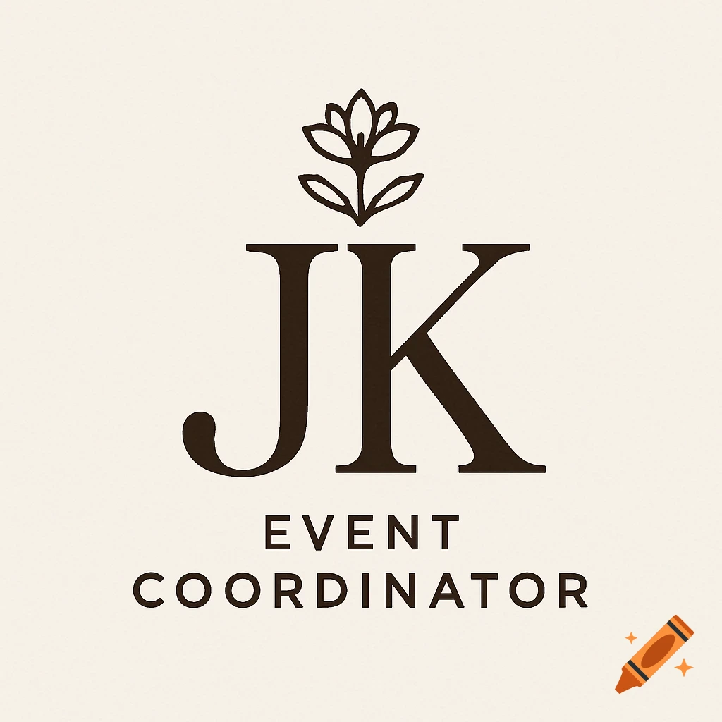 A minimalist brown logo on a cream background featuring the initials JK, a stylized flower, and the words EVENT COORDINATOR.
