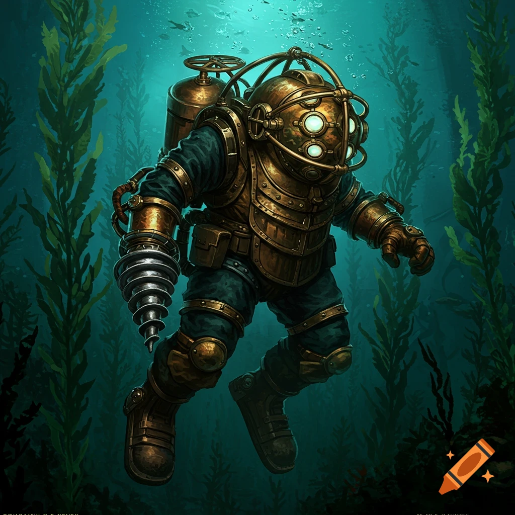 A large, armored steampunk diver with a drill arm, known as a Big Daddy, floats in deep blue water surrounded by green kelp.