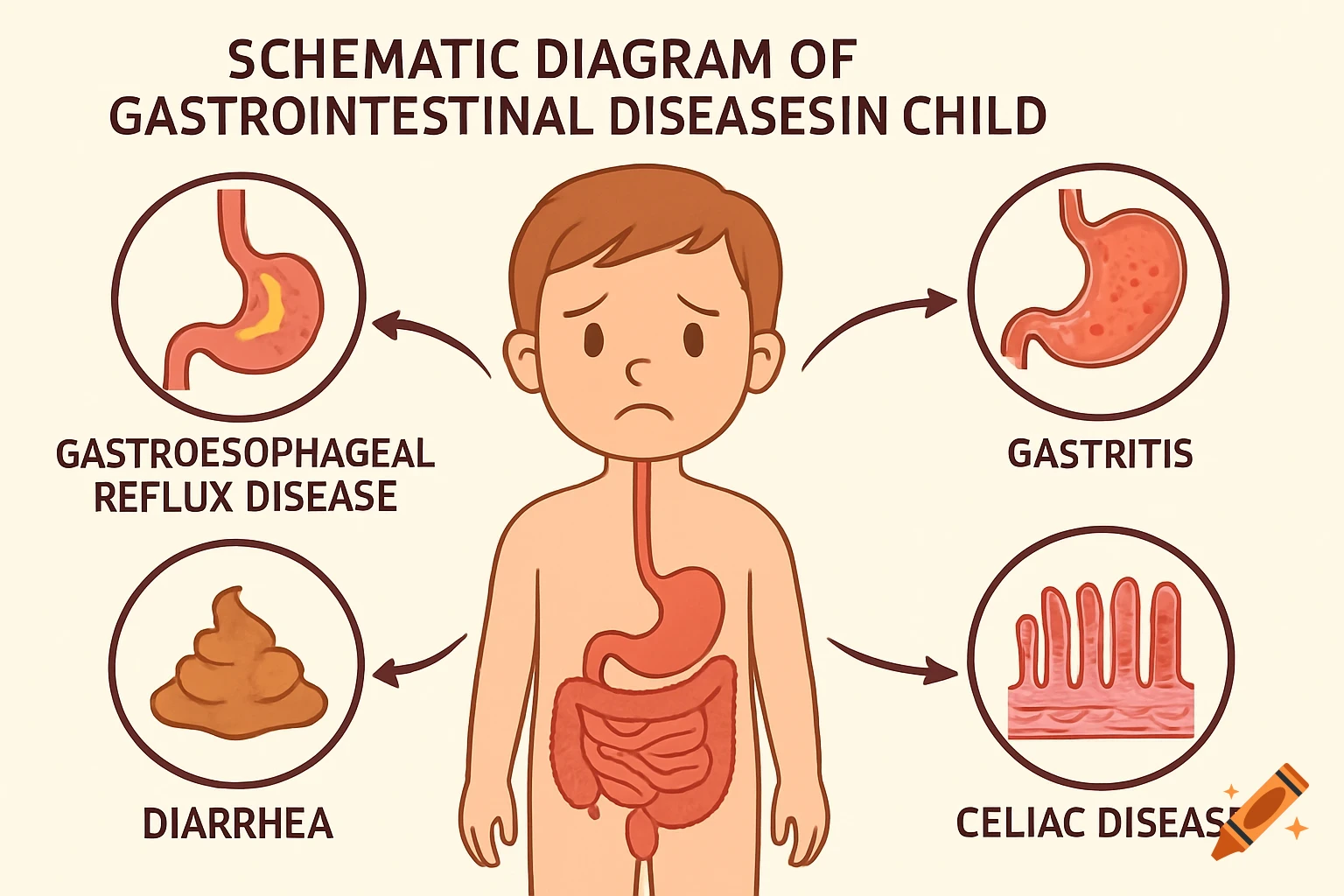 A schematic diagram illustrating gastrointestinal diseases in a child, with labels for GERD, Gastritis, Diarrhea, and Celiac Disease.