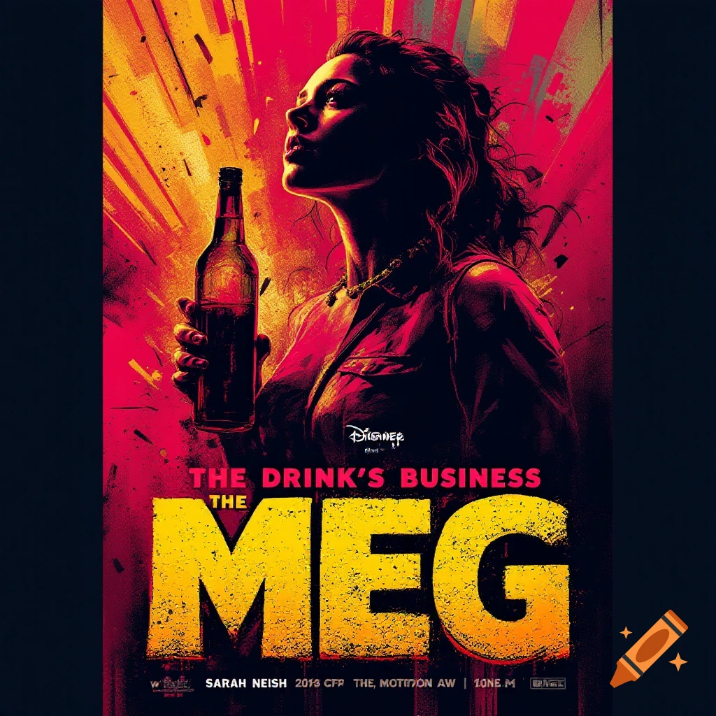 A stylized, vibrant red and yellow movie poster featuring a woman in profile holding a beer bottle, with text "THE DRINK'S BUSINESS THE MEG" below.